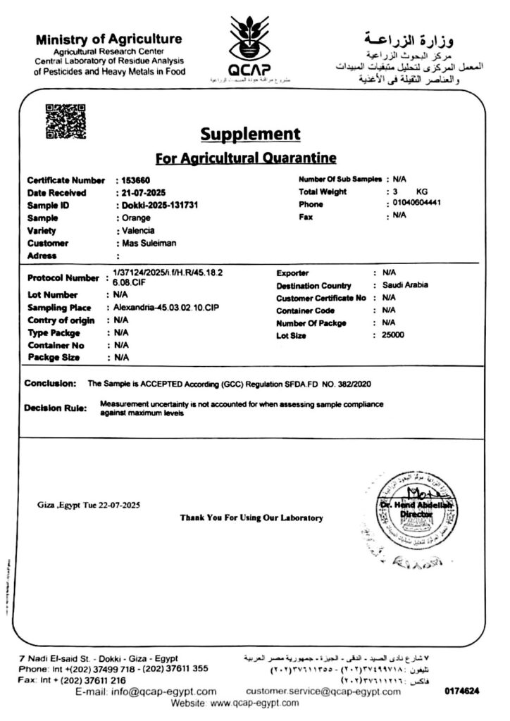 QCAP Pesticide Residue Test — Orange Export